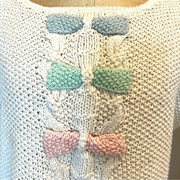 VTG Coquette Bow Pastel Sweater Ivory Sz M Chunky Textured Knobby Knit - Picture 2 of 11